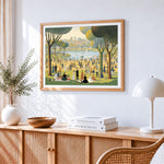 Vintage park picnic cross stitch artwork displayed on wall as home decor