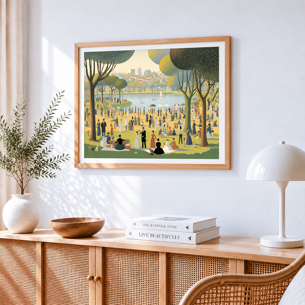 Vintage park picnic cross stitch artwork displayed on wall as home decor