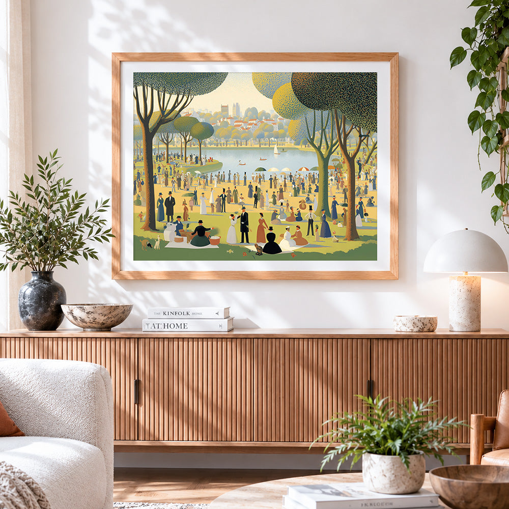 Finished vintage park picnic paint by numbers artwork displayed as home decor