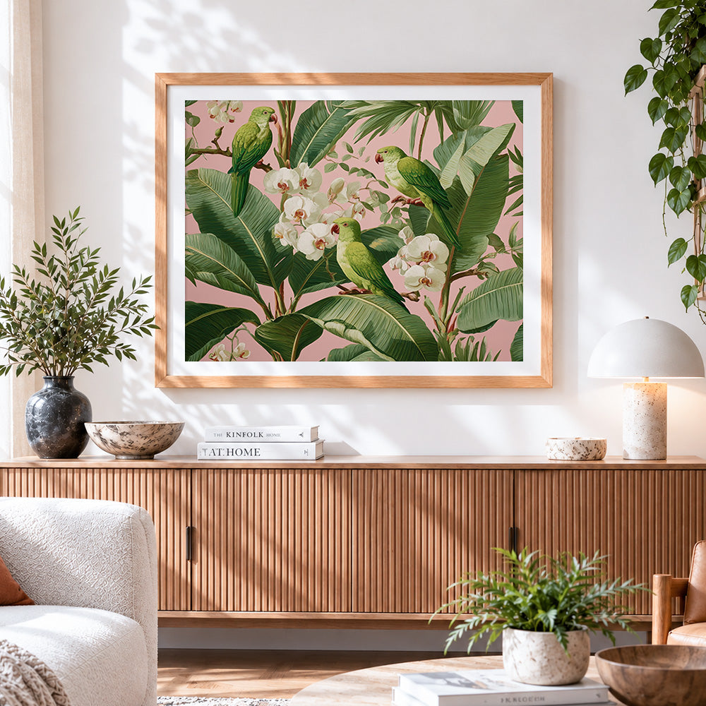 Finished vintage parrots and orchids cross stitch artwork displayed