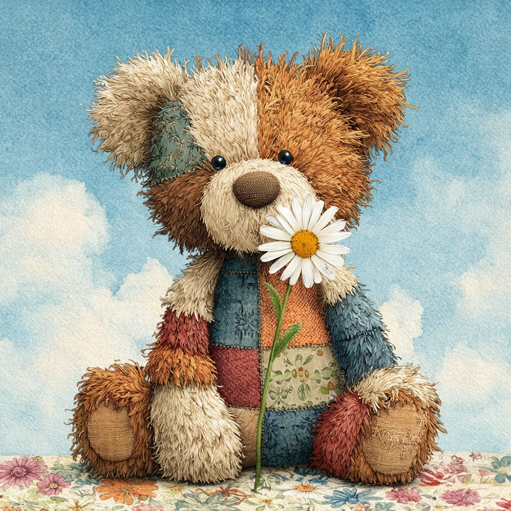 Vintage patchwork bear with a daisy cross stitch kit for beginners