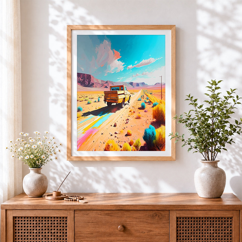 Finished vintage pickup truck in desert cross stitch artwork displayed