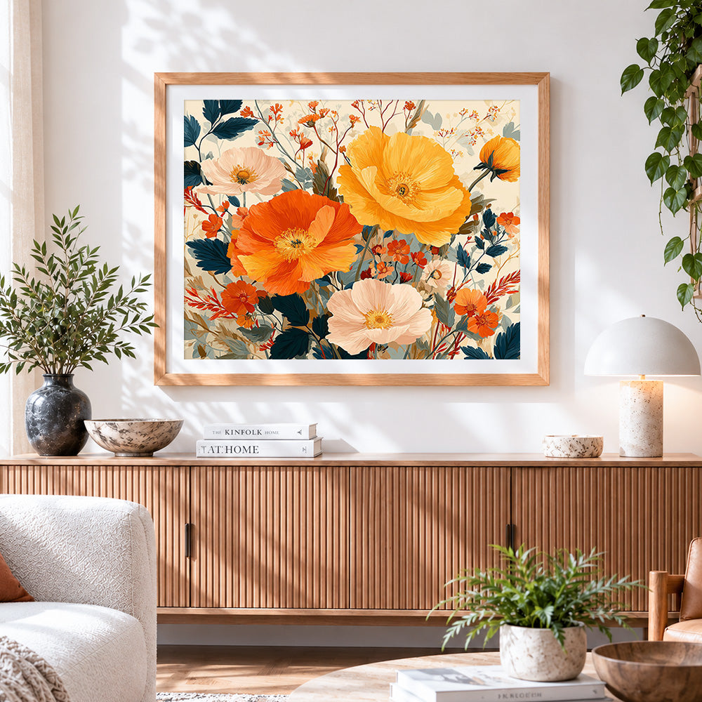 Finished vintage poppies and wildflowers paint by numbers artwork displayed as home decor