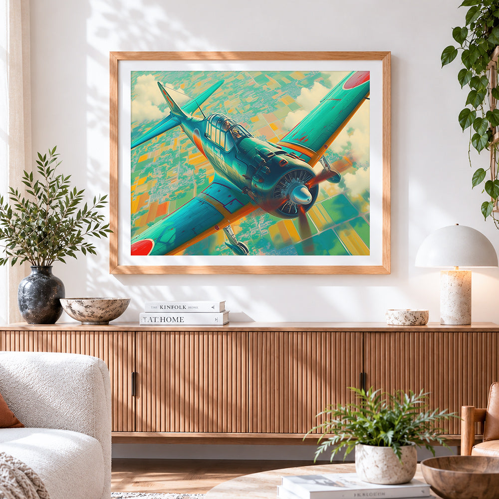 Finished vintage propeller plane cross stitch artwork displayed