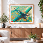 Finished vintage propeller plane paint by numbers artwork displayed as home decor