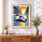 Finished vintage racing cars cross stitch artwork displayed