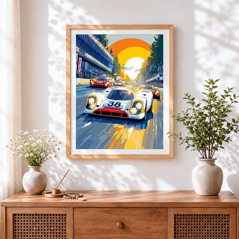 Finished vintage racing cars cross stitch artwork displayed