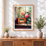Finished vintage radio and peonies cross stitch artwork displayed