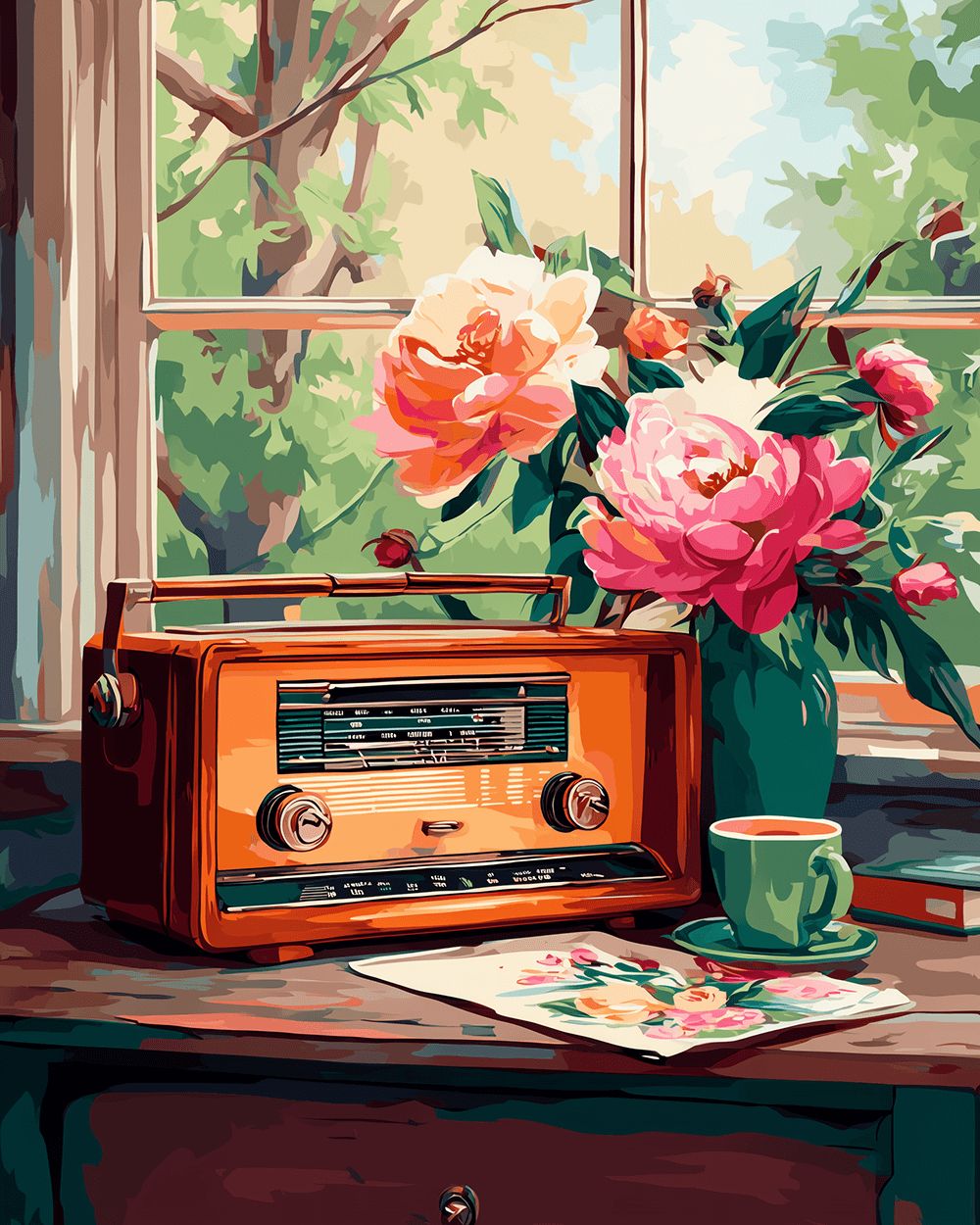 Vintage radio and peonies cross stitch kit for beginners