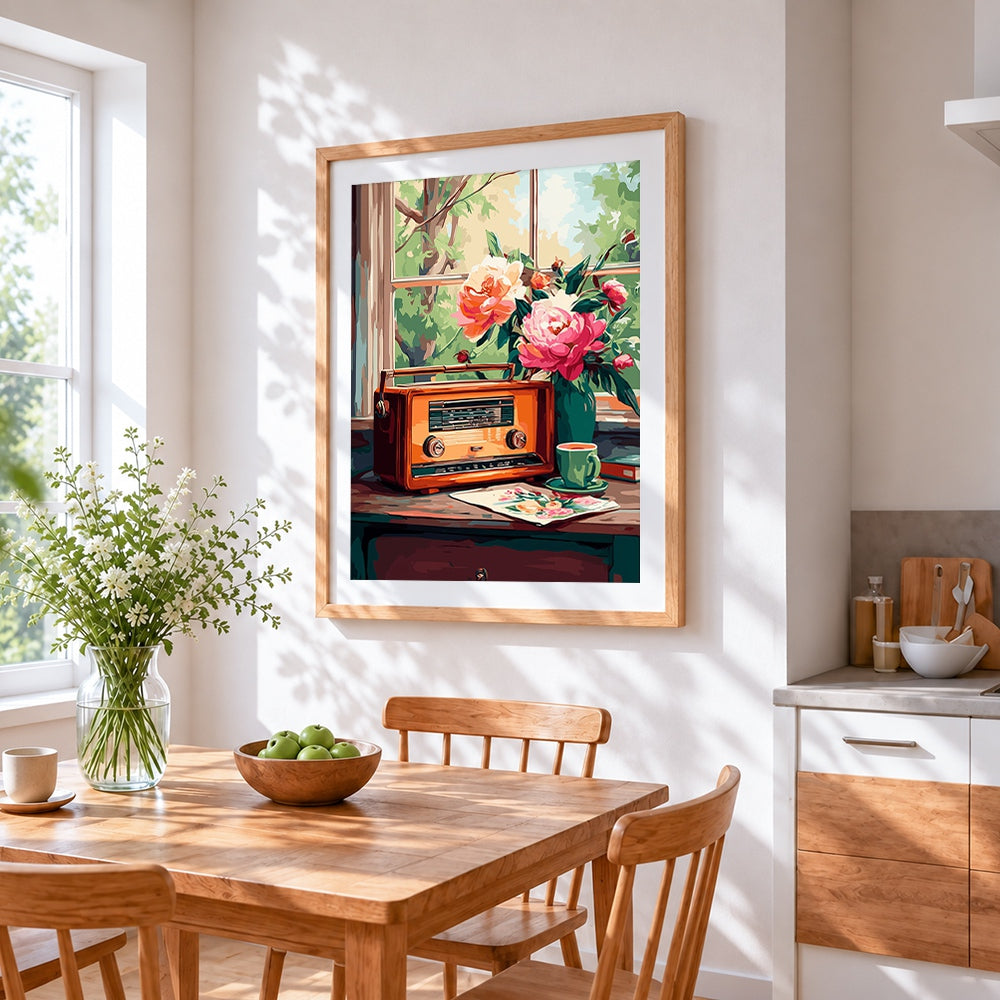 Vintage radio and peonies cross stitch artwork displayed on wall as home decor