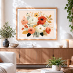 Finished vintage ranunculus and poppies bouquet paint by numbers artwork displayed as home decor