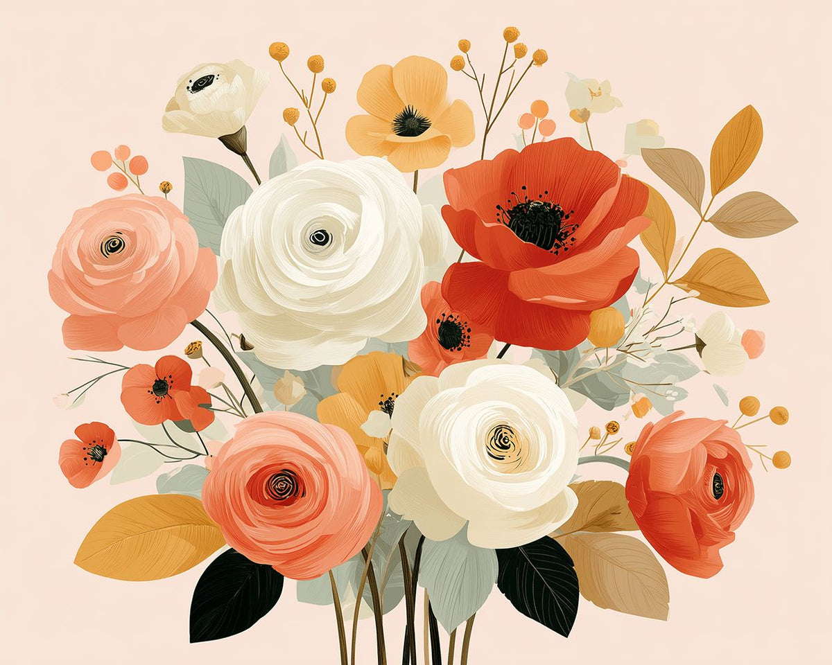 Vintage ranunculus and poppies bouquet paint by numbers kit for beginners