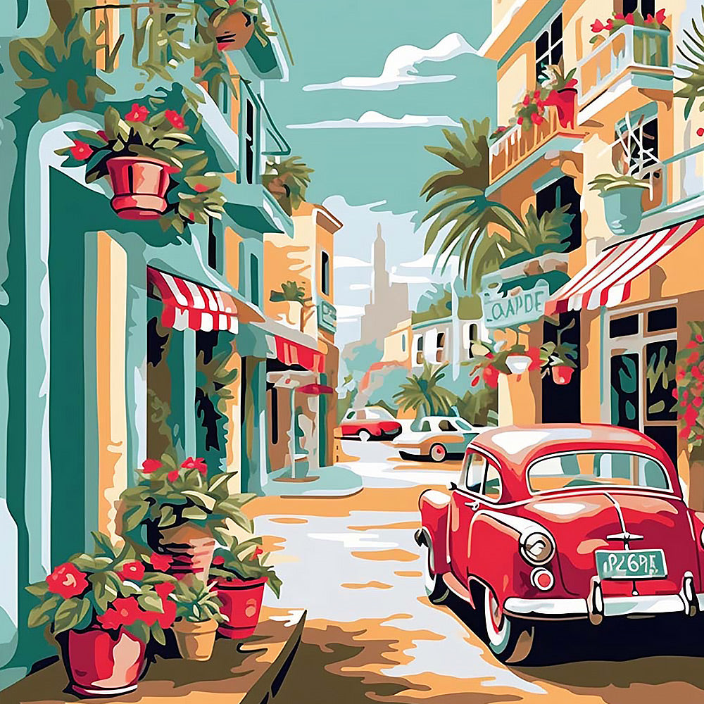 Vintage red car on a tropical street cross stitch kit for beginners