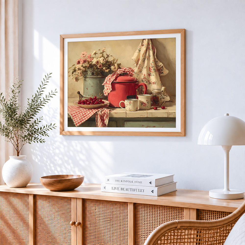 Vintage red enamel pot and cherries cross stitch artwork displayed on wall as home decor