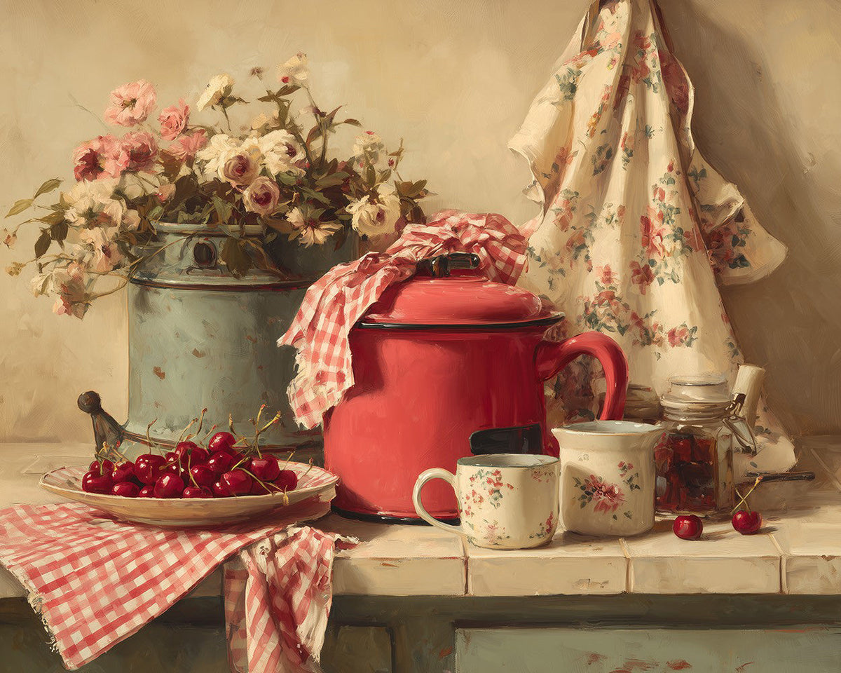 Vintage red enamel pot and cherries paint by numbers kit for beginners