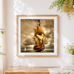 Finished vintage sailing ship cross stitch artwork displayed