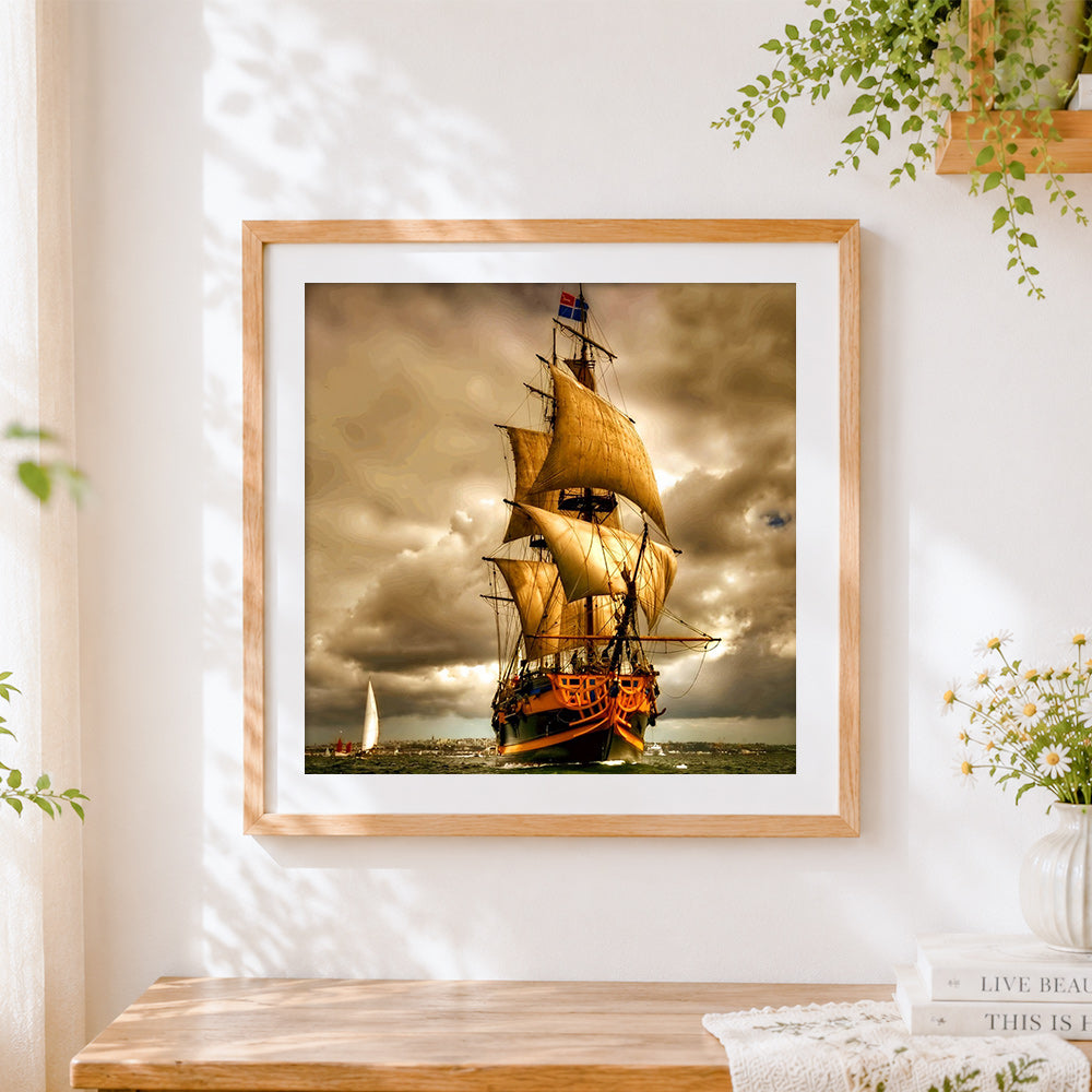 Finished vintage sailing ship cross stitch artwork displayed