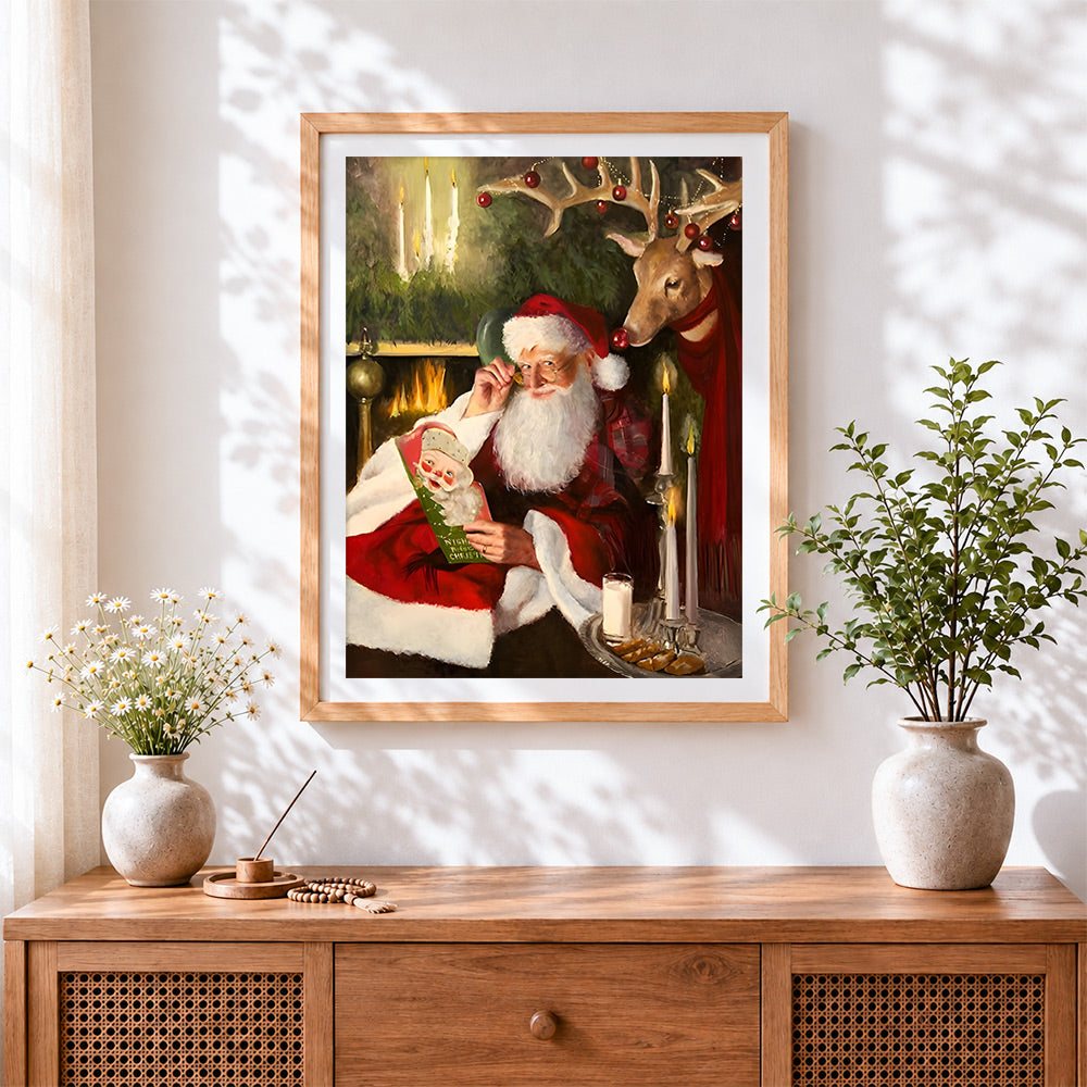 Finished vintage santa reading christmas cards cross stitch artwork displayed