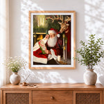 Finished vintage santa reading christmas cards cross stitch artwork displayed