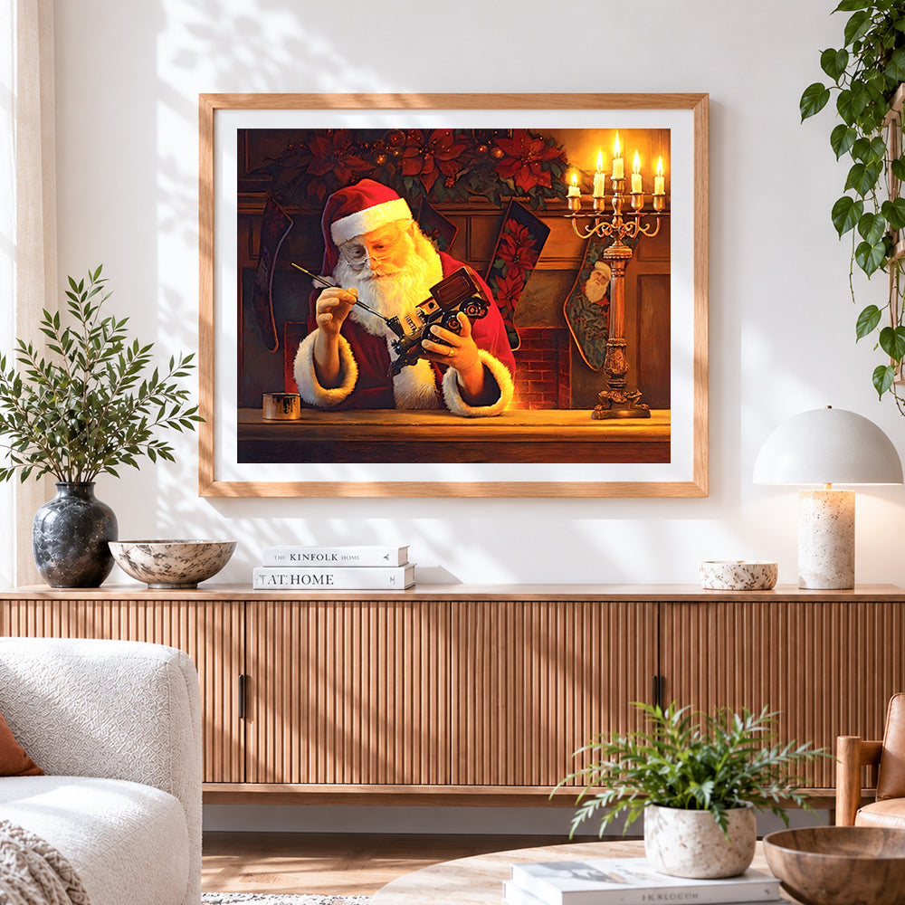 Finished vintage santa s workshop cross stitch artwork displayed