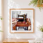 Finished vintage singer sewing machine cross stitch artwork displayed