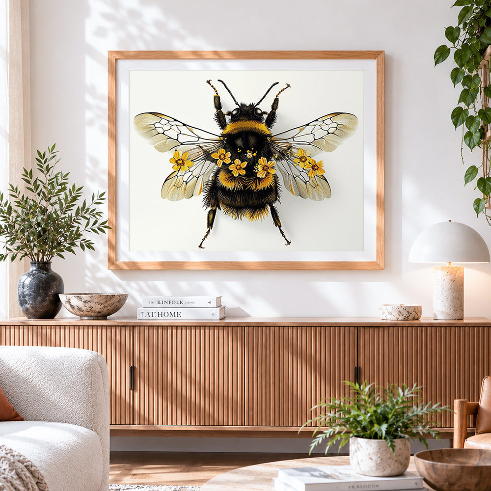 Finished vintage style bee with flowers paint by numbers artwork displayed as home decor