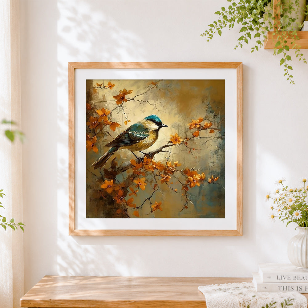 Finished vintage style bird on a blossom branch cross stitch artwork displayed