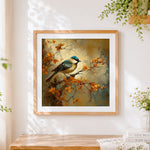 Finished vintage style bird on a blossom branch cross stitch artwork displayed