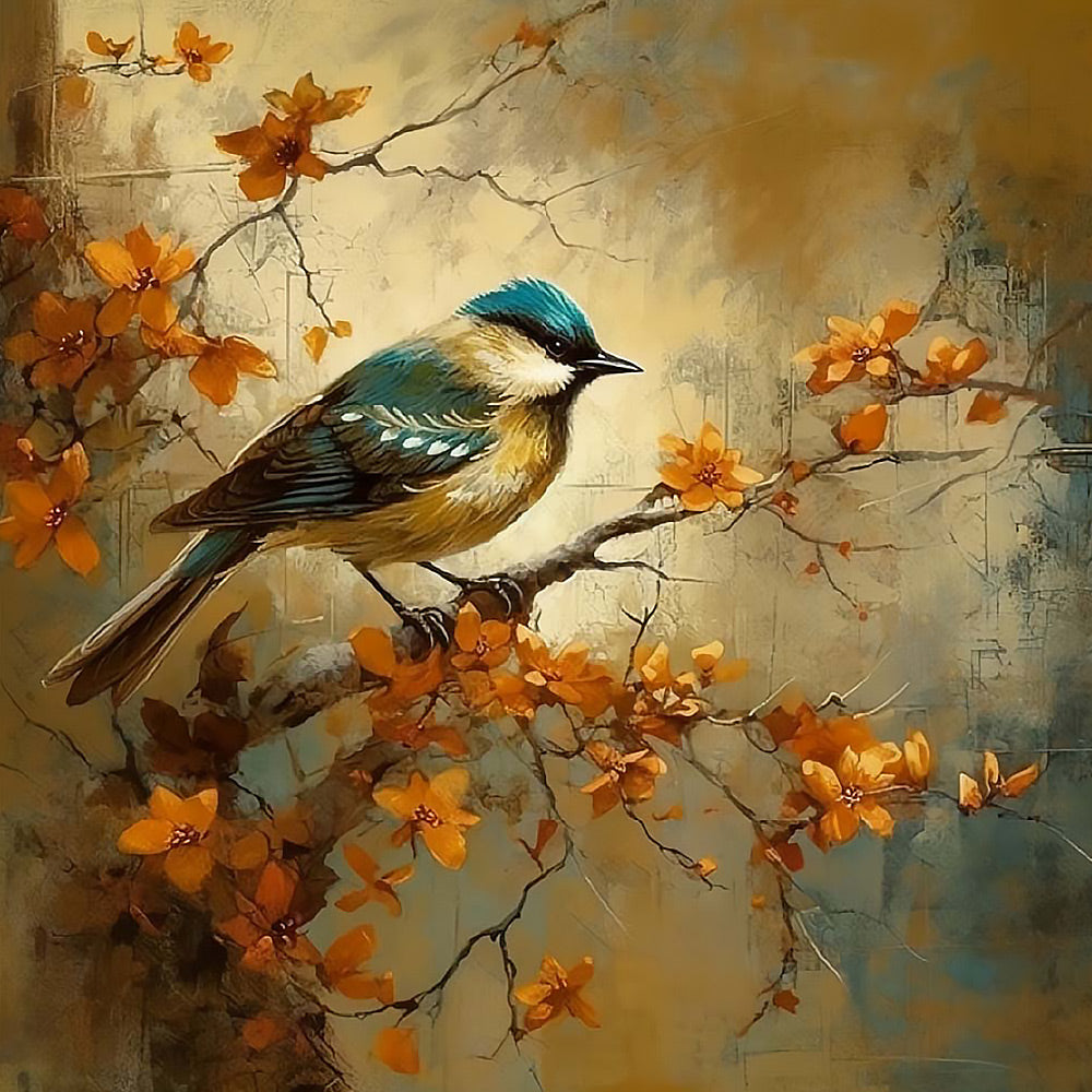 Vintage style bird on a blossom branch cross stitch kit for beginners