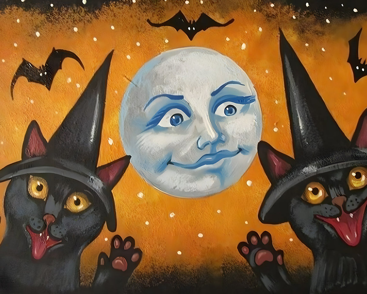 Vintage style black cats and batty moon cross stitch kit for beginners