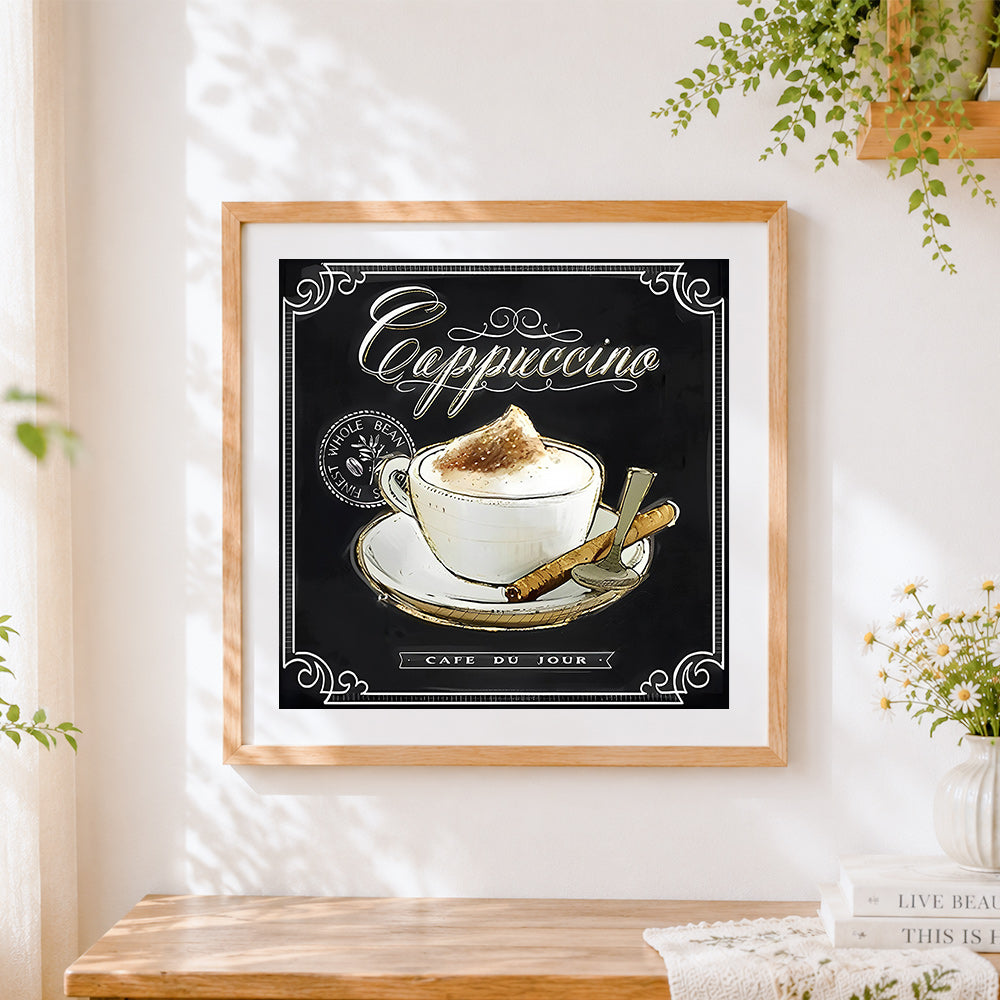 Finished vintage style cappuccino sign cross stitch artwork displayed
