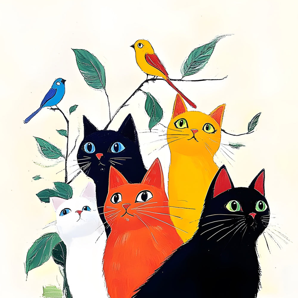 Vintage style colourful cats and birds cross stitch kit for beginners