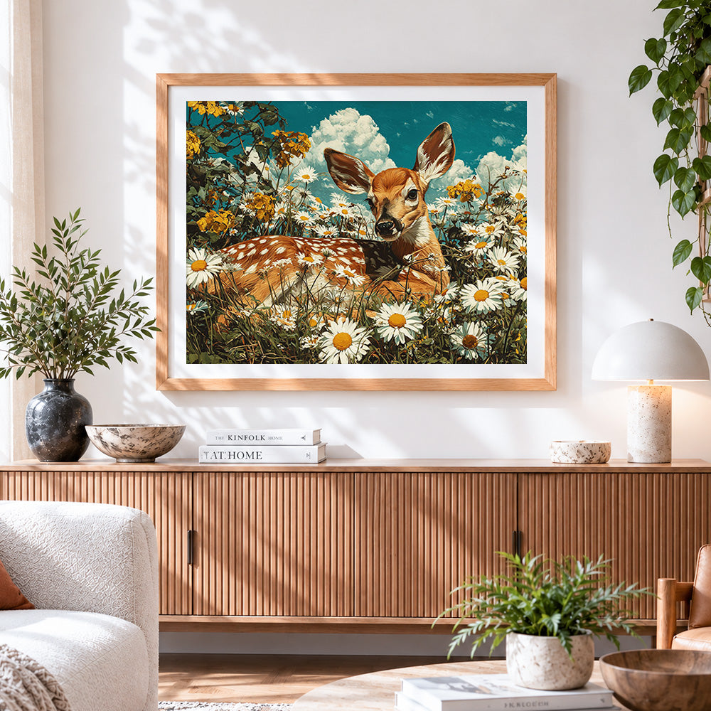 Finished vintage style fawn in a daisy meadow cross stitch artwork displayed