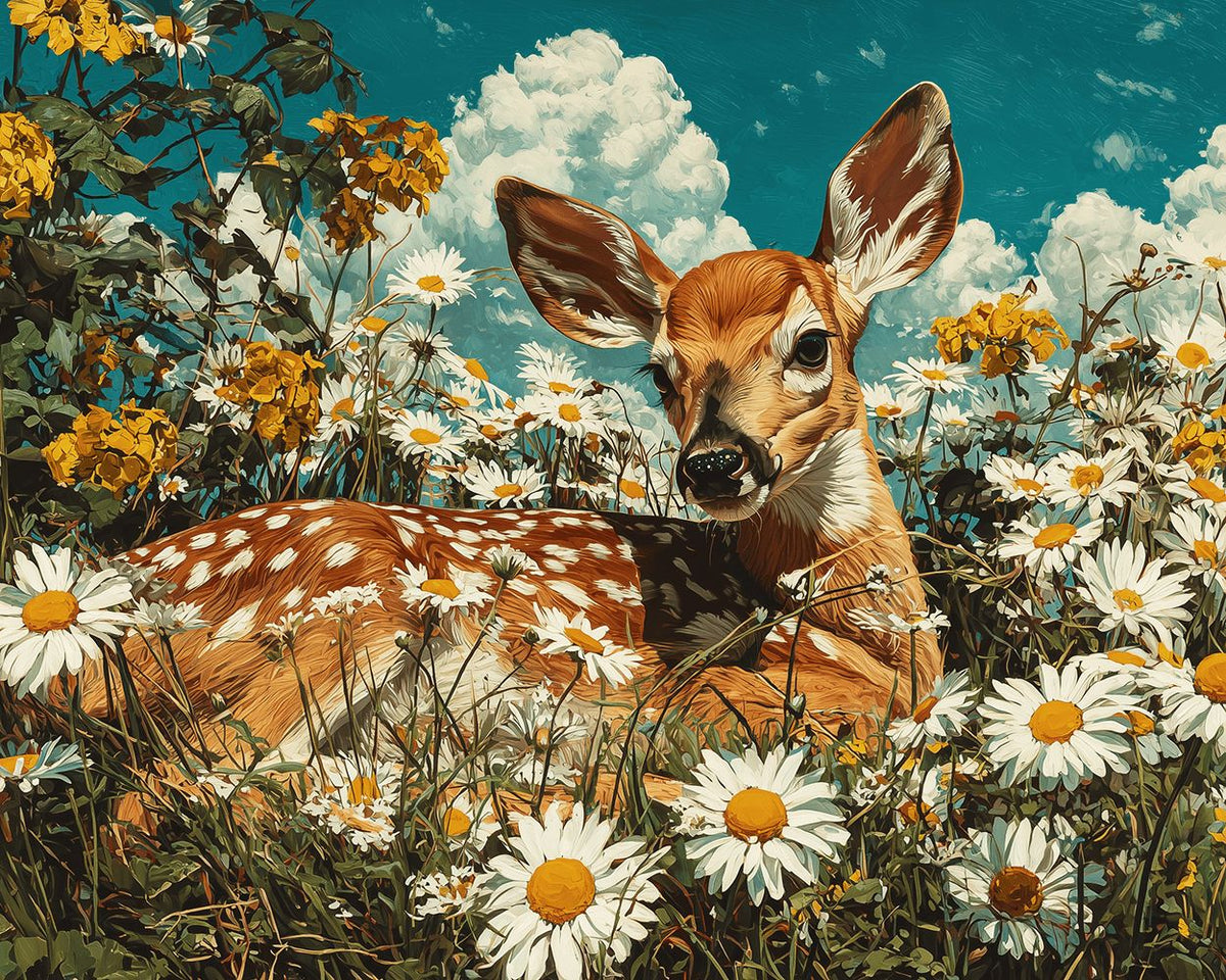 Vintage style fawn in a daisy meadow cross stitch kit for beginners