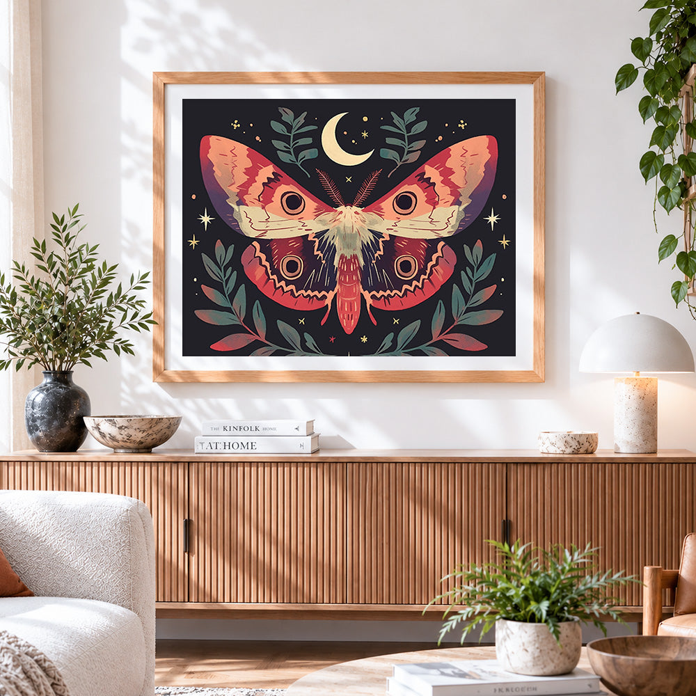 Finished vintage style moth and moon cross stitch artwork displayed