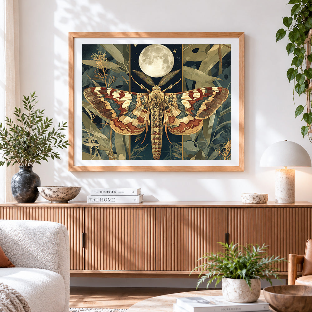 Finished vintage style moth with full moon cross stitch artwork displayed