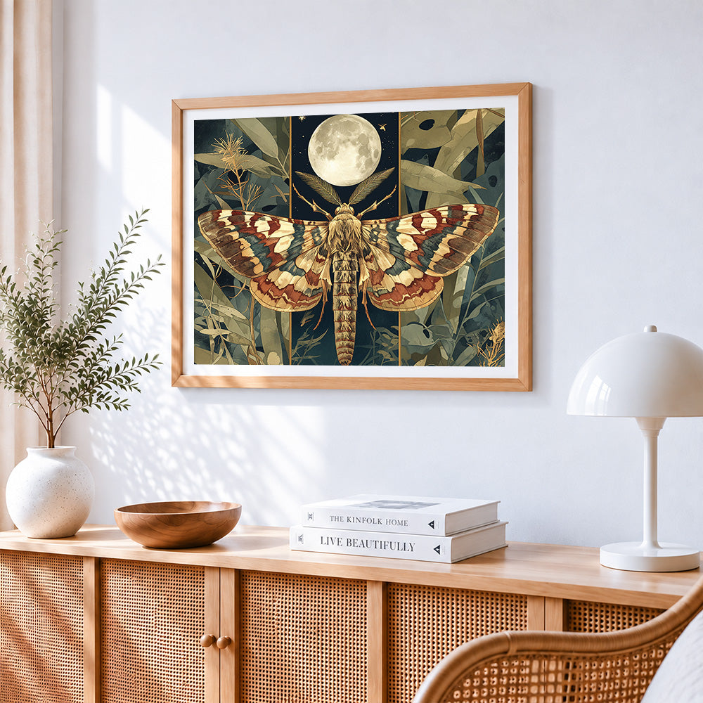 Vintage style moth with full moon cross stitch artwork displayed on wall as home decor
