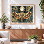 Finished vintage style moth with full moon paint by numbers artwork displayed as home decor