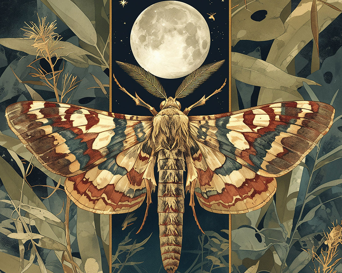 Vintage style moth with full moon paint by numbers kit for beginners