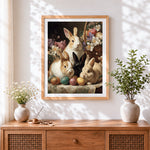 Finished vintage style rabbits and easter eggs cross stitch artwork displayed