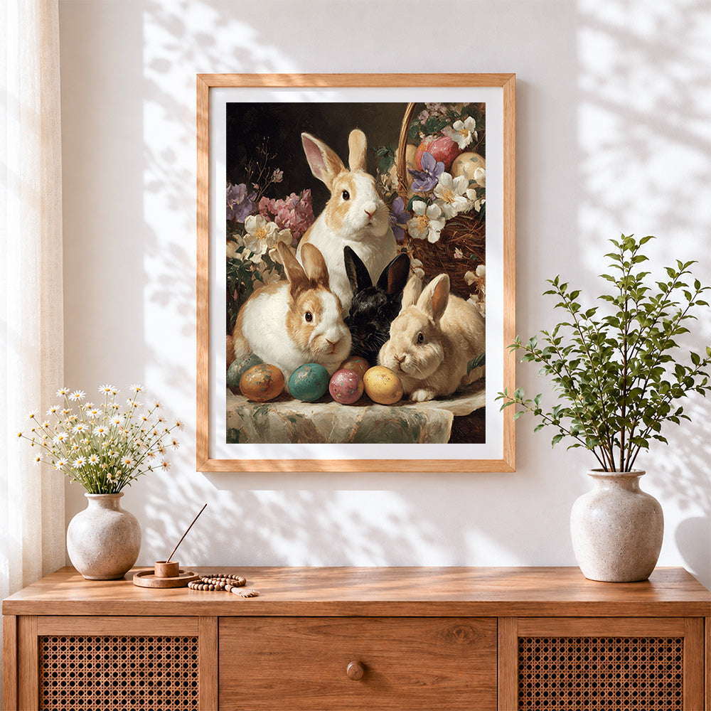 Finished vintage style rabbits and easter eggs cross stitch artwork displayed