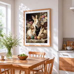 Vintage style rabbits and easter eggs cross stitch artwork displayed on wall as home decor