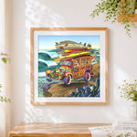 Finished vintage surf van and waves cross stitch artwork displayed
