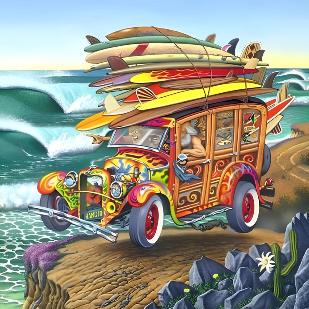Vintage surf van and waves cross stitch kit for beginners