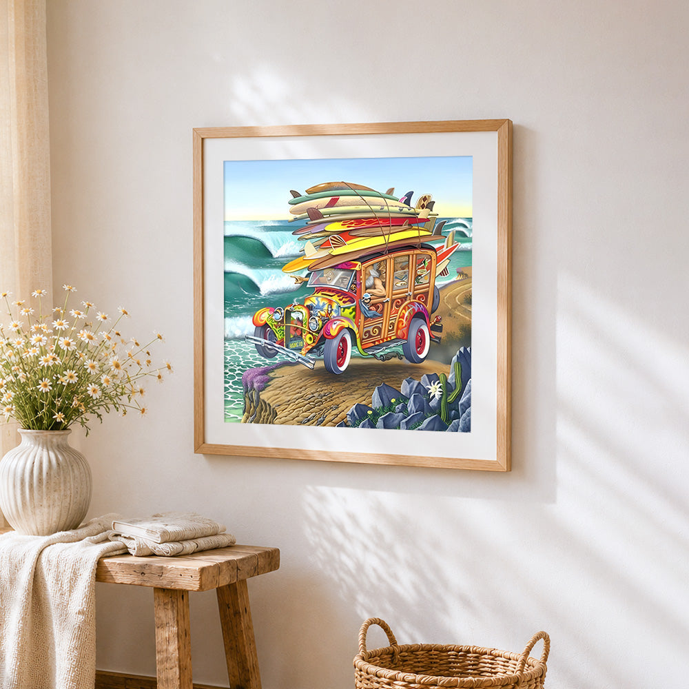 Vintage surf van and waves cross stitch artwork displayed on wall as home decor