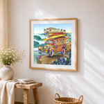 Vintage surf van and waves cross stitch artwork displayed on wall as home decor