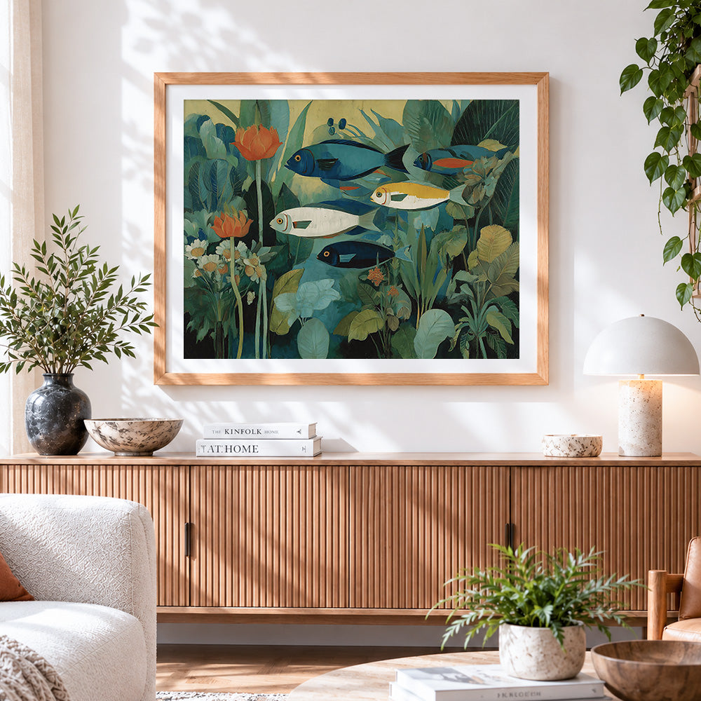 Finished vintage tropical fish with botanical plants cross stitch artwork displayed