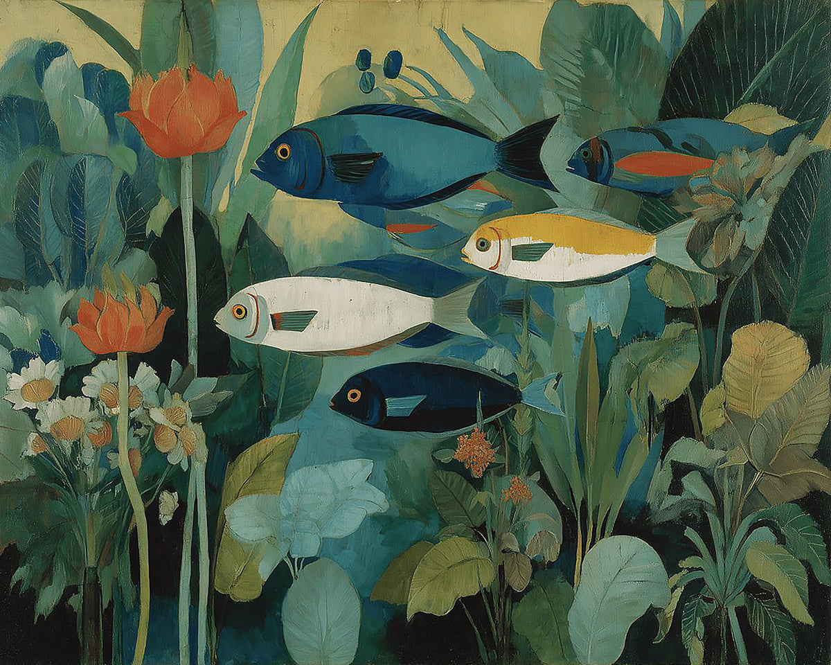 Vintage tropical fish with botanical plants cross stitch kit for beginners
