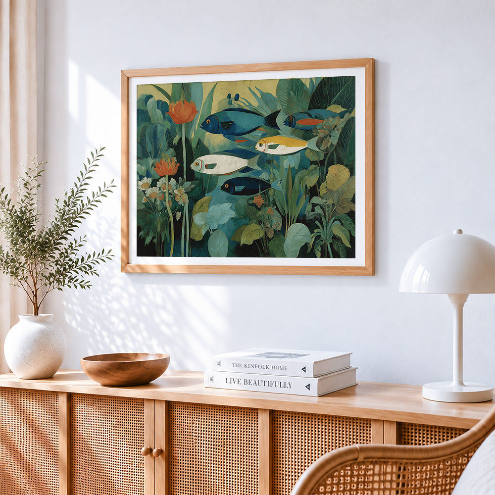 Vintage tropical fish with botanical plants cross stitch artwork displayed on wall as home decor