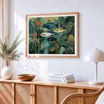 Vintage tropical fish with botanical plants cross stitch artwork displayed on wall as home decor